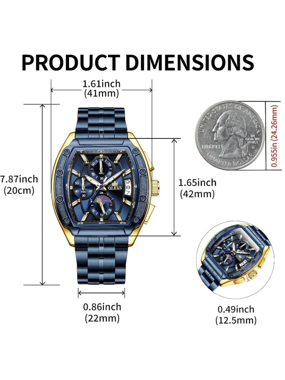 Men's Blue Chronograph Rectangle Stainless Steel Luminous Quartz Classic Watch